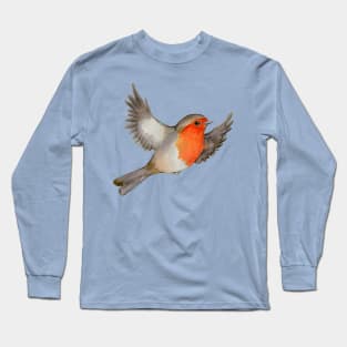 A watercolor drawing of a flying robin Long Sleeve T-Shirt